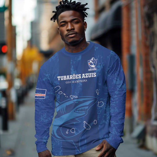 Custom Cape Verde Football Long Sleeve Shirt Go Champions Tubaroes