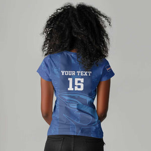 Custom Cape Verde Football Women V-Neck T-Shirt Go Champions Tubaroes Azuis