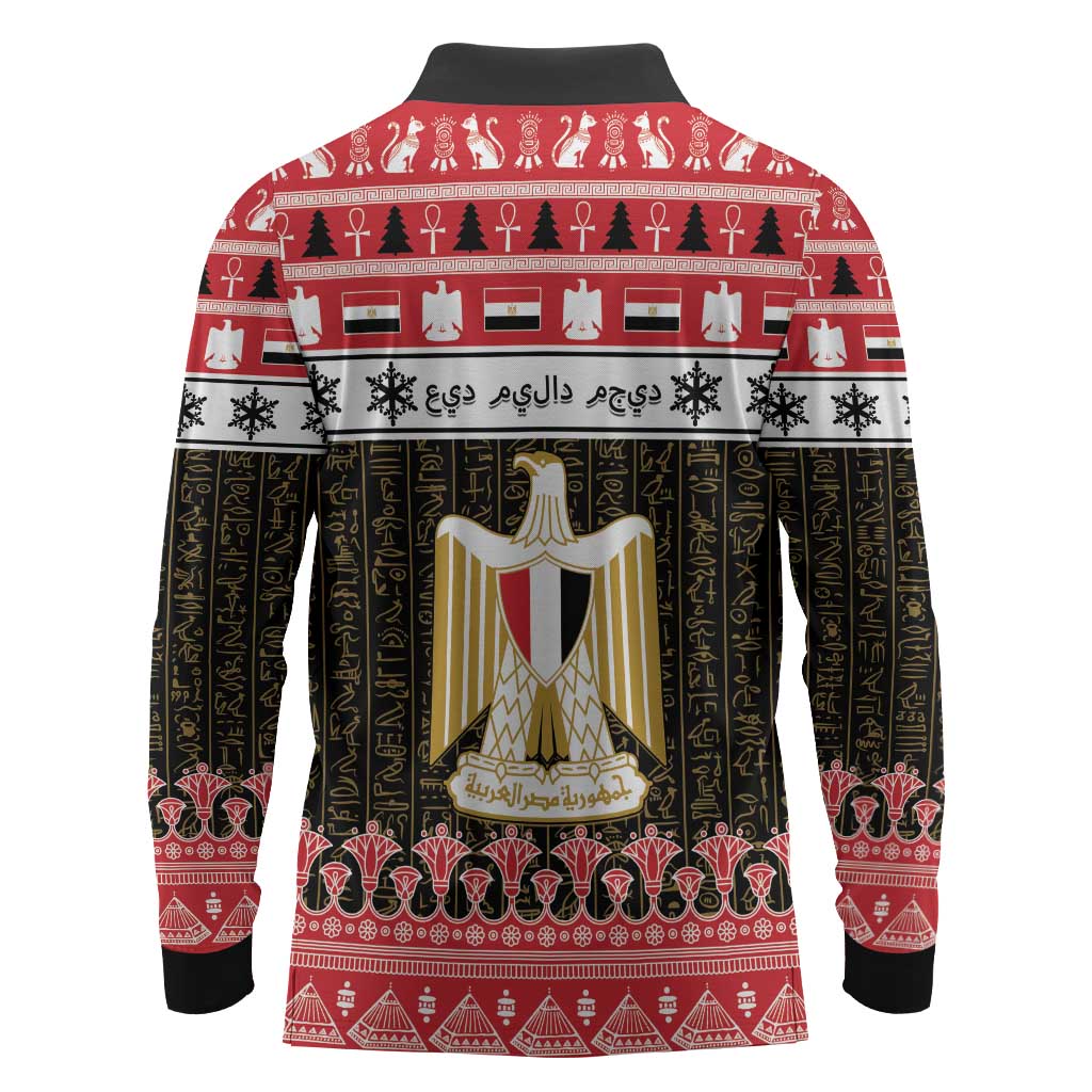Afro Egypt Christmas Long Sleeve Polo Shirt Coat Of Arms Mix Egyptian Pattern