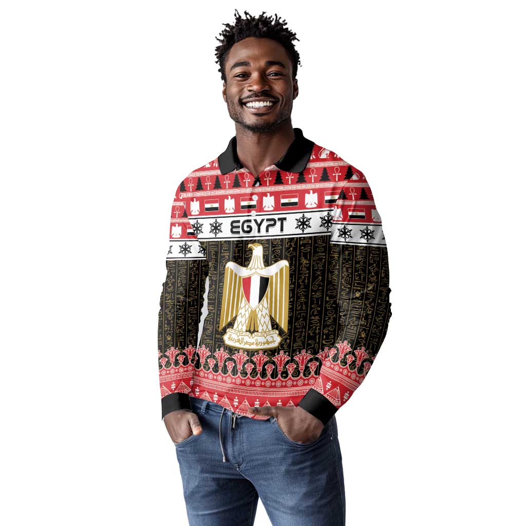 Afro Egypt Christmas Long Sleeve Polo Shirt Coat Of Arms Mix Egyptian Pattern