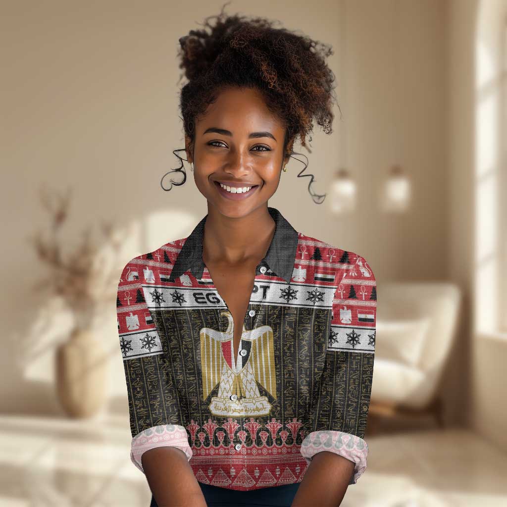Afro Egypt Christmas Women Casual Shirt Coat Of Arms Mix Egyptian Pattern LT15