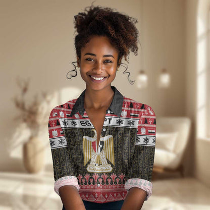 Afro Egypt Christmas Women Casual Shirt Coat Of Arms Mix Egyptian Pattern LT15