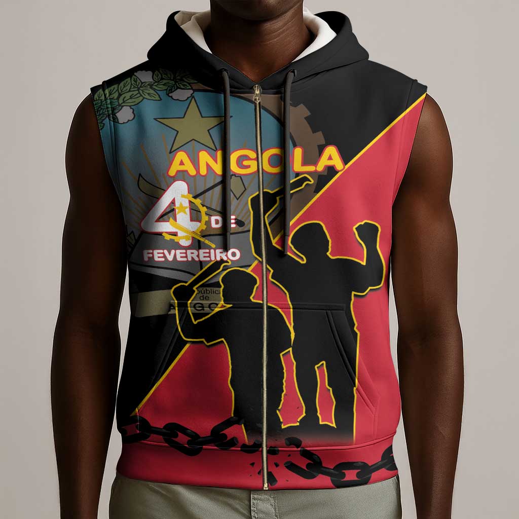 Personalized 4 De Fevereiro Angola Sleeveless Zip Hoodie Coat Of Arms Style - African Pride