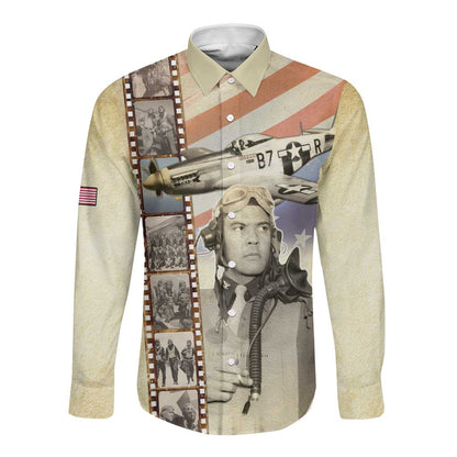 Tuskegee Airmen Long Sleeve Button Shirt Red Tail Legacy Film Striped Style