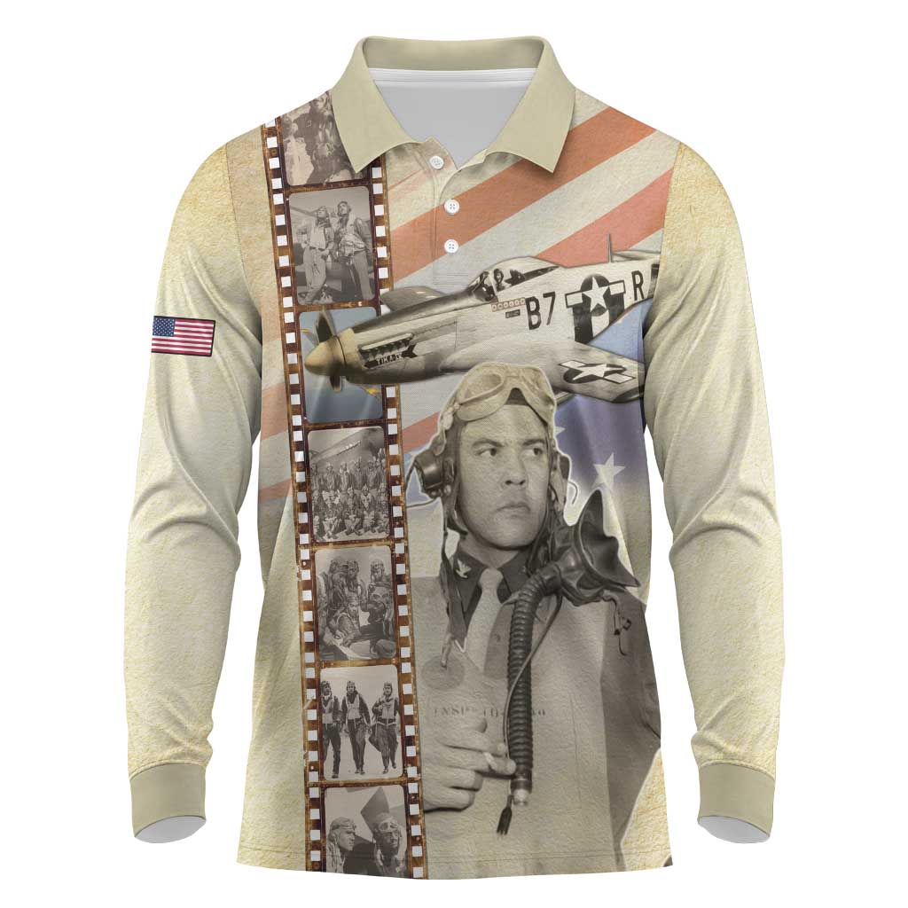 Tuskegee Airmen Long Sleeve Polo Shirt Red Tail Legacy Film Striped Style