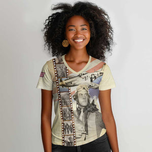 Tuskegee Airmen Women V-Neck T-Shirt Red Tail Legacy Film Striped Style