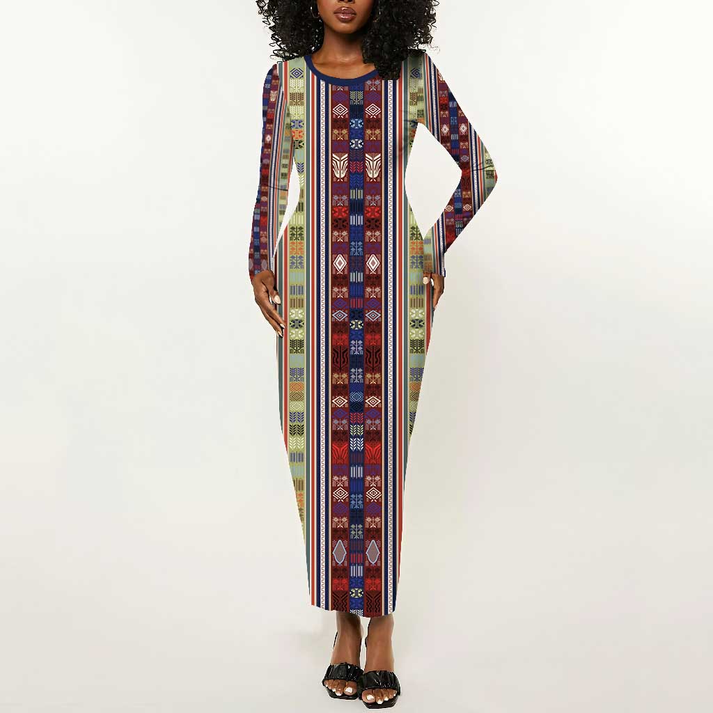 Lamba Mpanjaka Malagasy Traditional Pattern Long Sleeve Bodycon Dress LT15