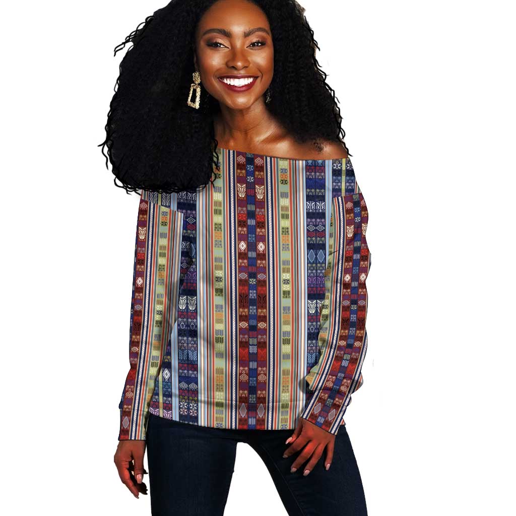 Lamba Mpanjaka Malagasy Traditional Pattern Off Shoulder Sweater