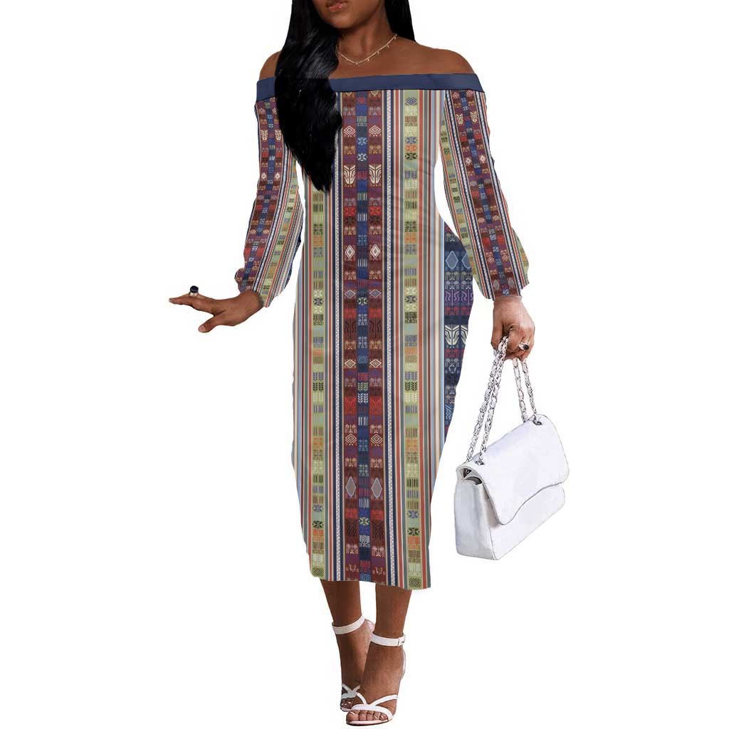 Lamba Mpanjaka Malagasy Traditional Pattern Off The Shoulder Long Sleeve Dress