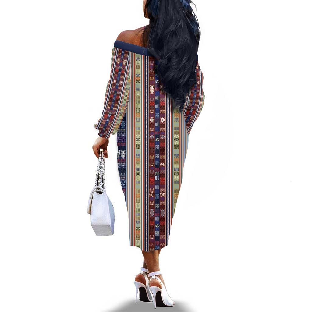 Lamba Mpanjaka Malagasy Traditional Pattern Off The Shoulder Long Sleeve Dress