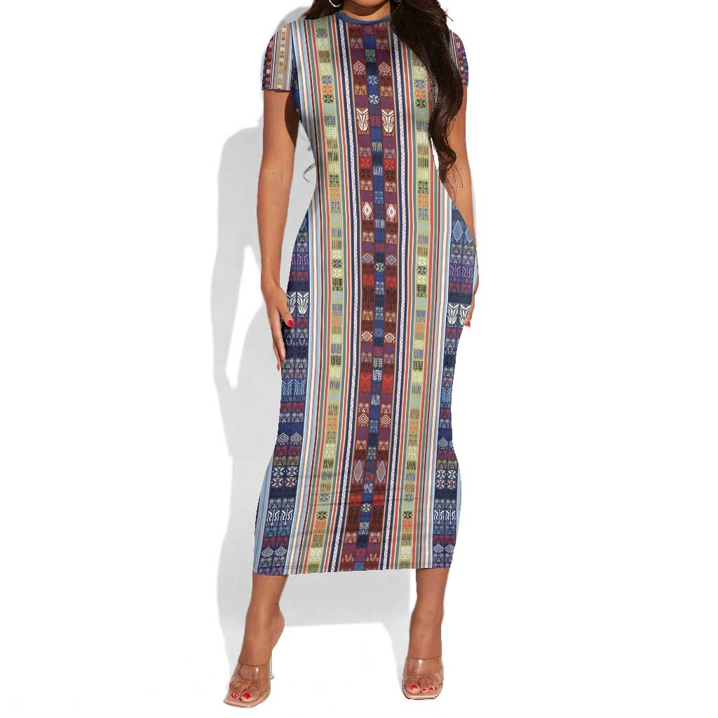 Lamba Mpanjaka Malagasy Traditional Pattern Short Sleeve Bodycon Dress LT15