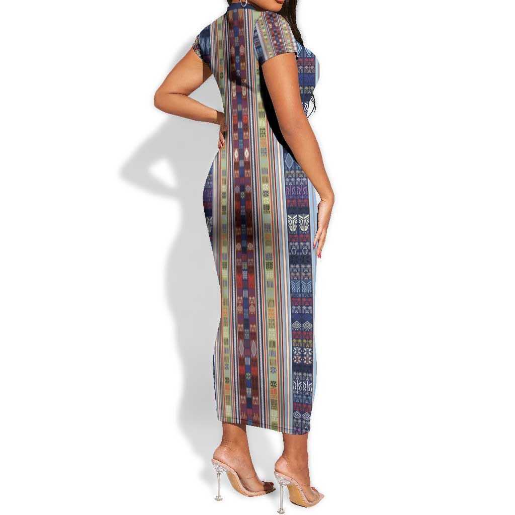 Lamba Mpanjaka Malagasy Traditional Pattern Short Sleeve Bodycon Dress LT15