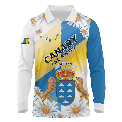 Personalized Canary Islands Long Sleeve Polo Shirt Coat Of Arms Argyranthemum Frutescens