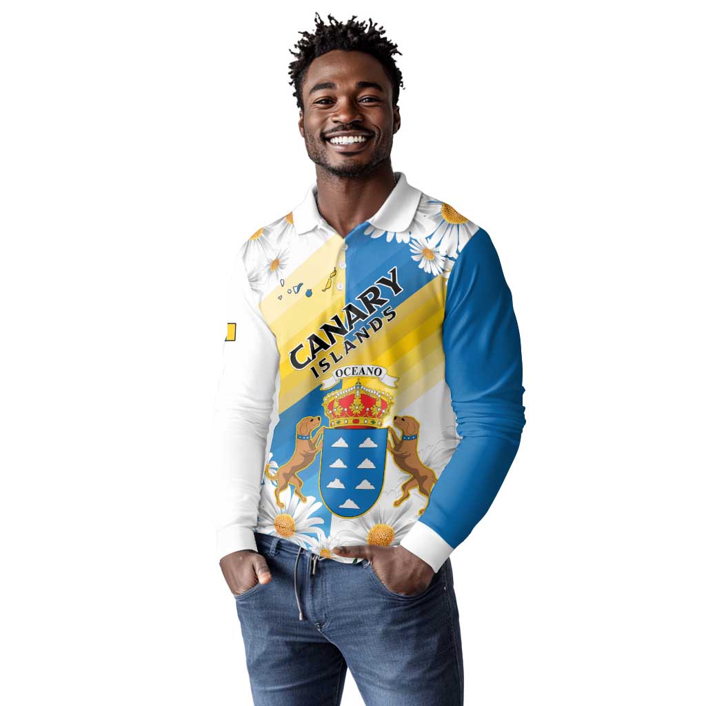 Personalized Canary Islands Long Sleeve Polo Shirt Coat Of Arms Argyranthemum Frutescens