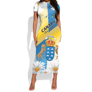 Personalized Canary Islands Short Sleeve Bodycon Dress Coat Of Arms Argyranthemum Frutescens LT15