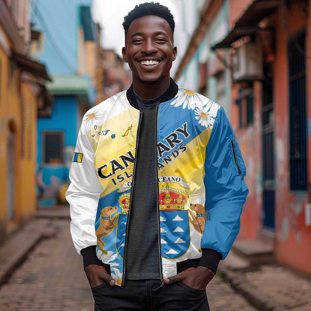 Personalized Canary Islands Sleeve Zip Bomber Jacket Coat Of Arms Argyranthemum Frutescens