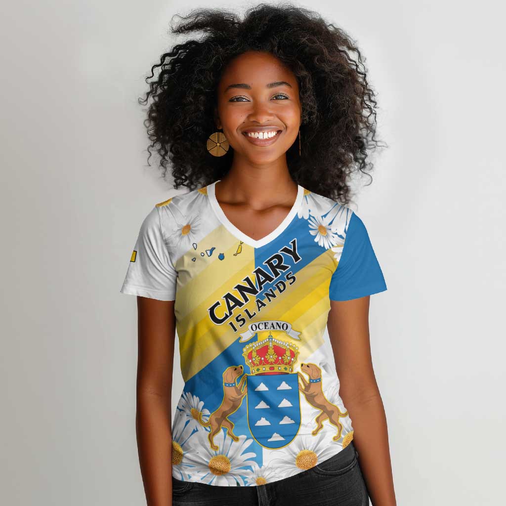Personalized Canary Islands Women V-Neck T-Shirt Coat Of Arms Argyranthemum Frutescens