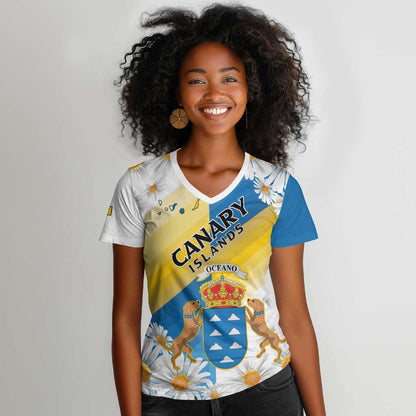 Personalized Canary Islands Women V-Neck T-Shirt Coat Of Arms Argyranthemum Frutescens
