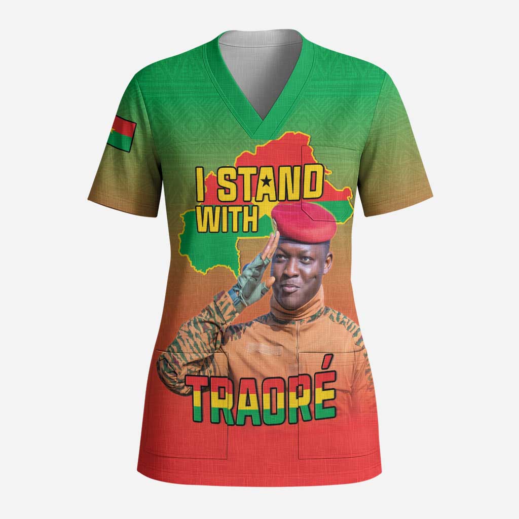 I Stand With Traore Scrub Top Burkina Faso Flag Map - African Pattern - African Pride