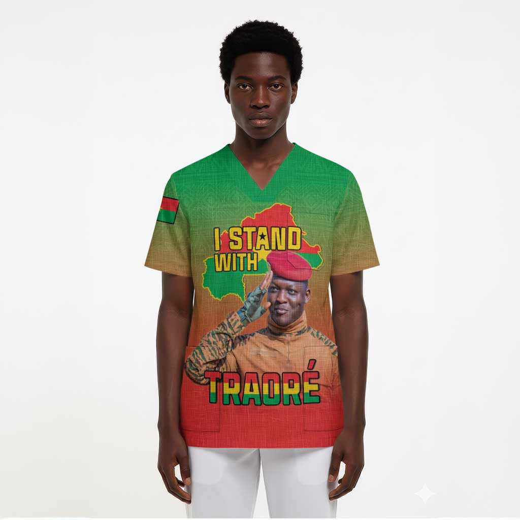 I Stand With Traore Scrub Top Burkina Faso Flag Map - African Pattern - African Pride
