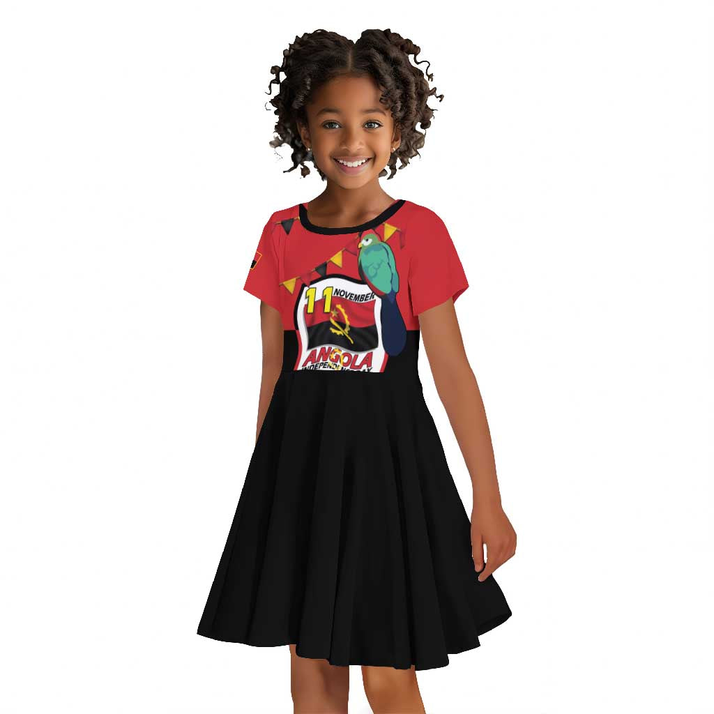 Happy Angola Independence Day Kid Short Sleeve Dress With Red-crested Turaco - African Pride