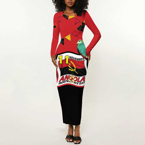 Happy Angola Independence Day Long Sleeve Bodycon Dress With Red-crested Turaco - African Pride