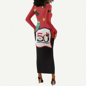 Happy Angola Independence Day Long Sleeve Bodycon Dress With Red-crested Turaco - African Pride