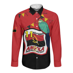 Happy Angola Independence Day Long Sleeve Button Shirt With Red-crested Turaco - African Pride