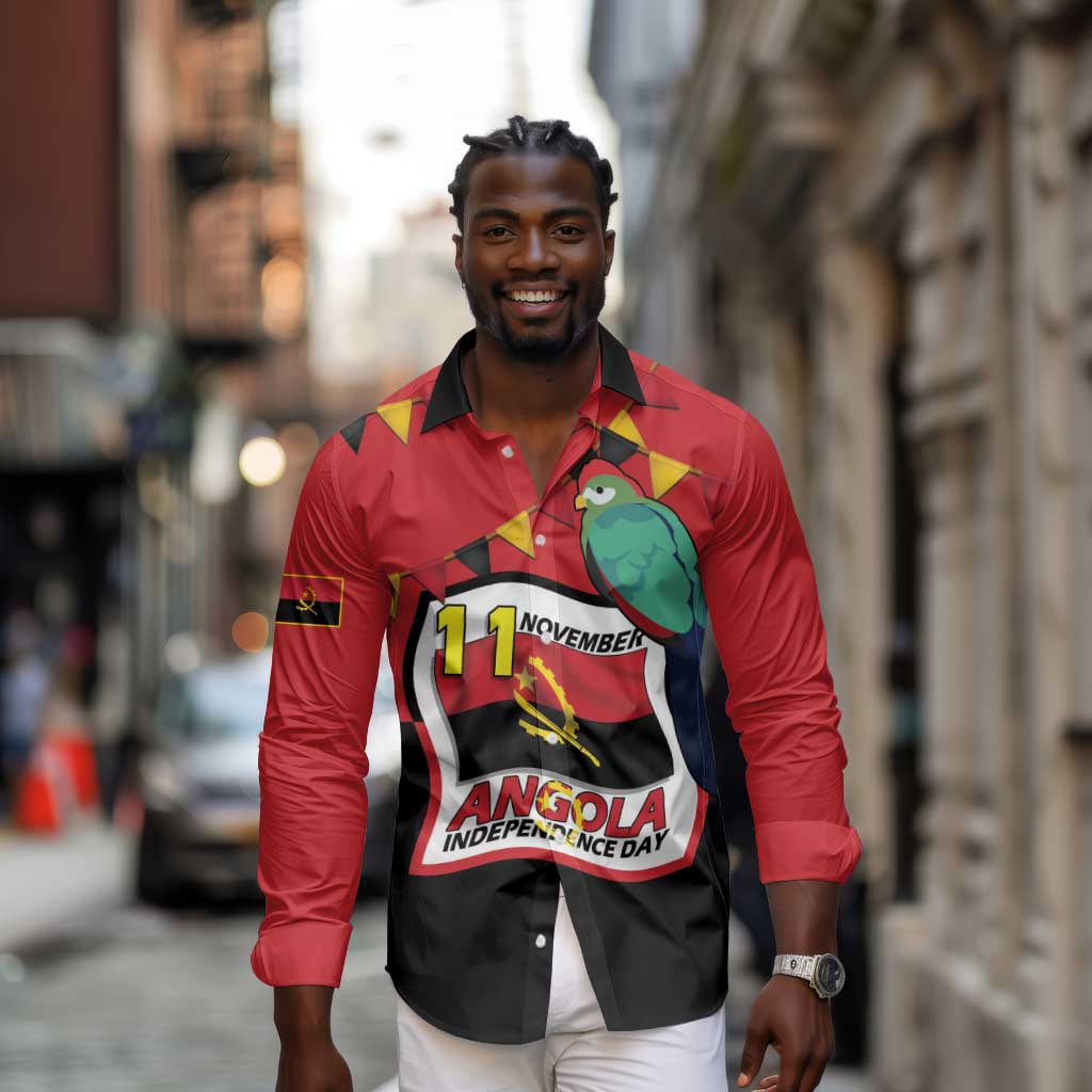 Happy Angola Independence Day Long Sleeve Button Shirt With Red-crested Turaco - African Pride