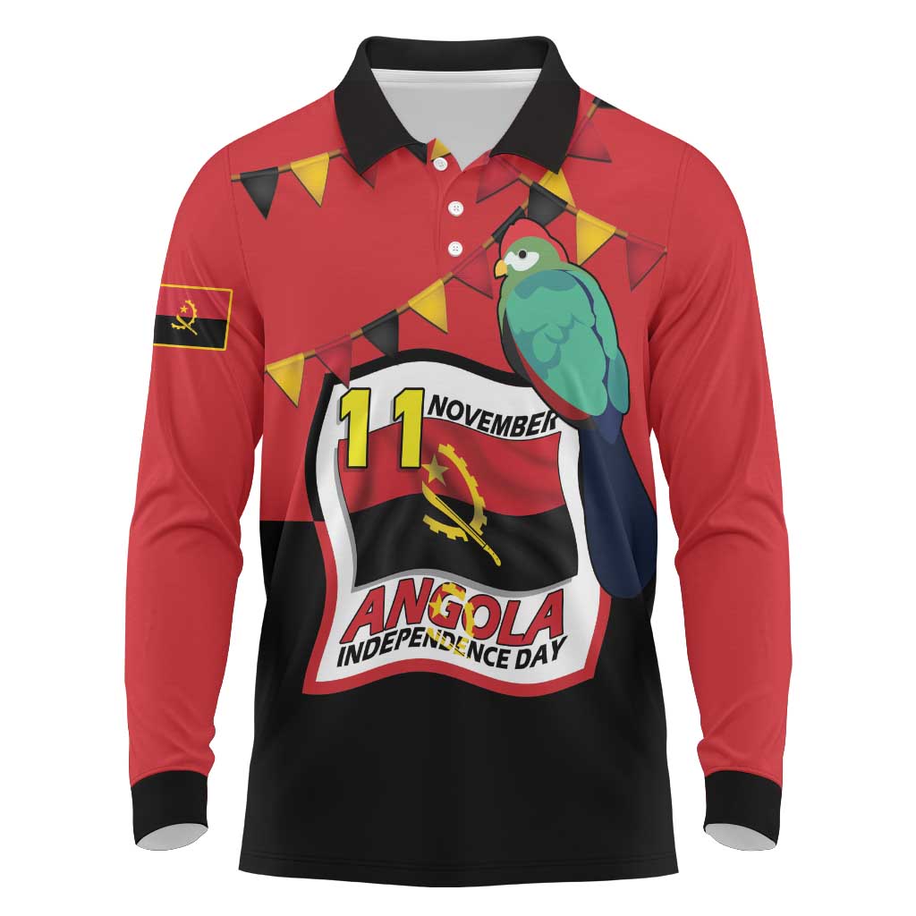 Happy Angola Independence Day Long Sleeve Polo Shirt With Red-crested Turaco - African Pride