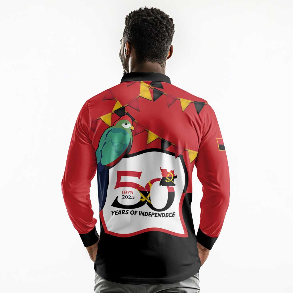 Happy Angola Independence Day Long Sleeve Polo Shirt With Red-crested Turaco - African Pride