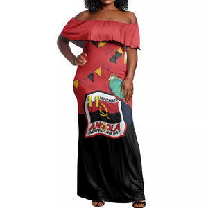 Happy Angola Independence Day Off Shoulder Maxi Dress With Red-crested Turaco - African Pride