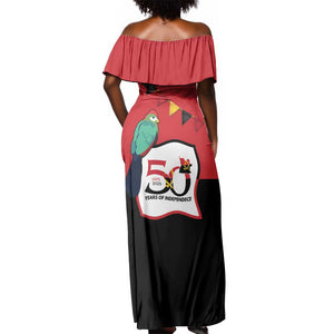 Happy Angola Independence Day Off Shoulder Maxi Dress With Red-crested Turaco - African Pride