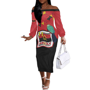 Happy Angola Independence Day Off The Shoulder Long Sleeve Dress With Red-crested Turaco - African Pride