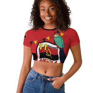 Happy Angola Independence Day Raglan Cropped T shirt With Red-crested Turaco - African Pride