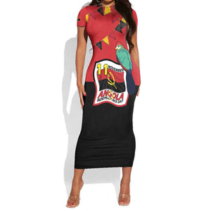 Happy Angola Independence Day Short Sleeve Bodycon Dress With Red-crested Turaco - African Pride