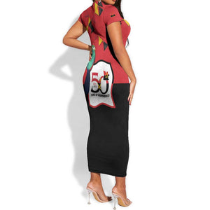 Happy Angola Independence Day Short Sleeve Bodycon Dress With Red-crested Turaco - African Pride