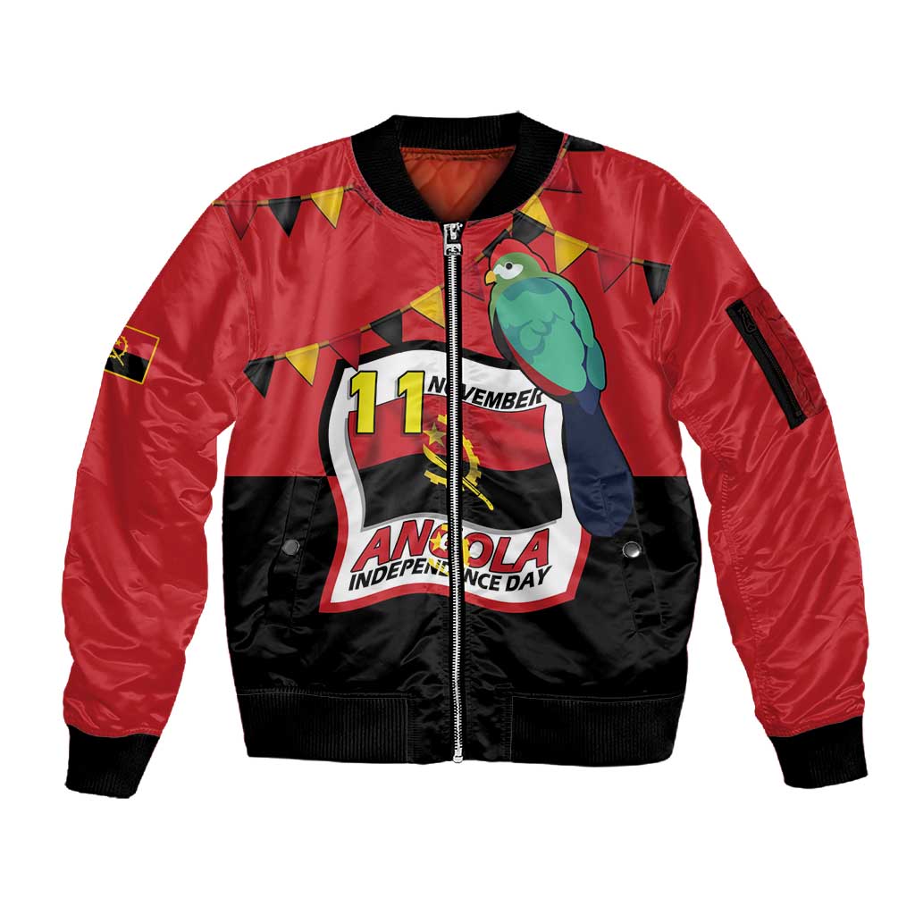 Happy Angola Independence Day Sleeve Zip Bomber Jacket With Red-crested Turaco - African Pride