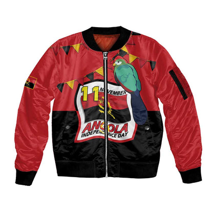 Happy Angola Independence Day Sleeve Zip Bomber Jacket With Red-crested Turaco - African Pride
