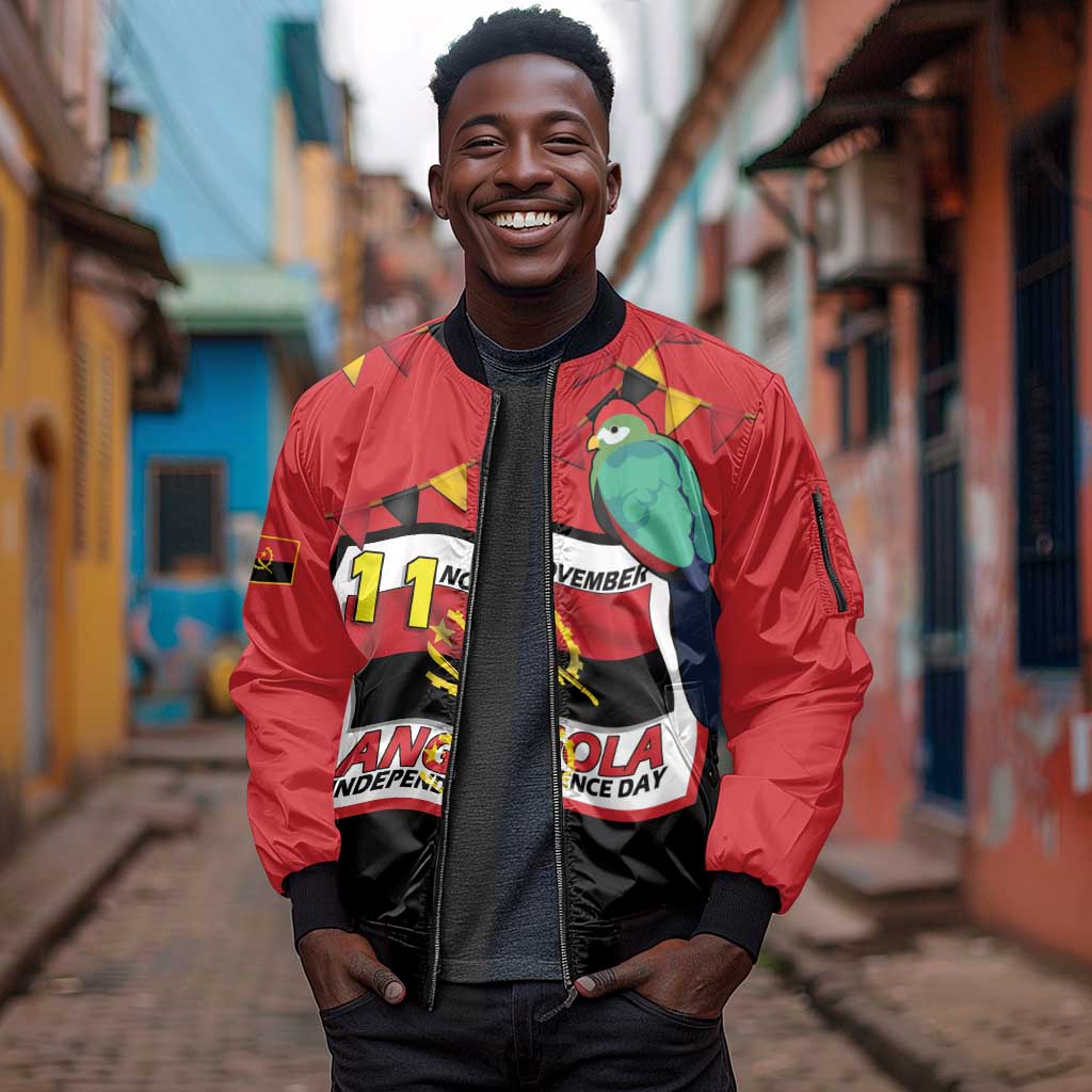 Happy Angola Independence Day Sleeve Zip Bomber Jacket With Red-crested Turaco - African Pride