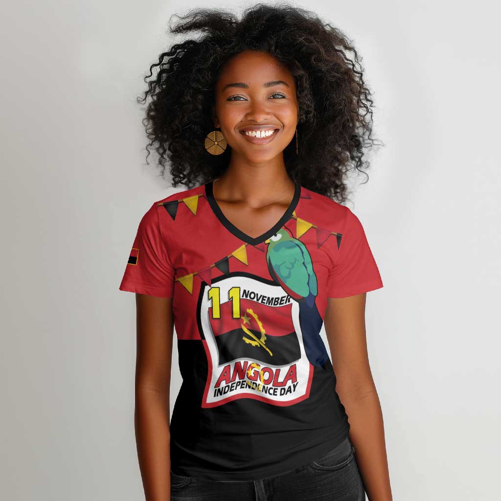 Happy Angola Independence Day Women V-Neck T-Shirt With Red-crested Turaco - African Pride