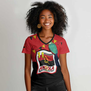 Happy Angola Independence Day Women V-Neck T-Shirt With Red-crested Turaco - African Pride