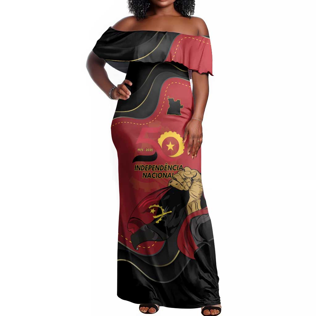 Personalized Dia da Independencia de Angola Off Shoulder Maxi Dress Virtus Unita Fortior - African Pride