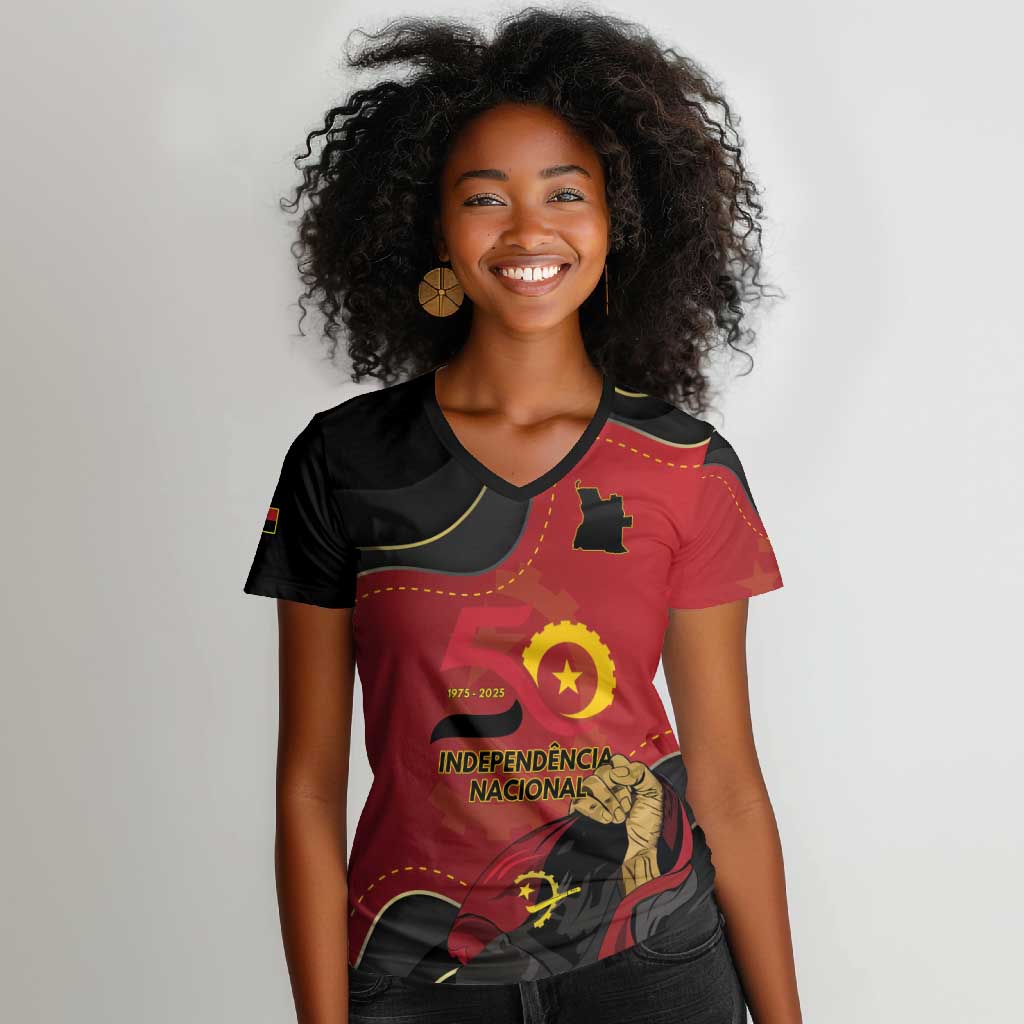 Personalized Dia da Independencia de Angola Women V-Neck T-Shirt Virtus Unita Fortior - African Pride