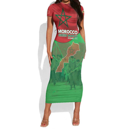 Morocco La Marche Verte Short Sleeve Bodycon Dress Happy 50th Anniversary - African Pride