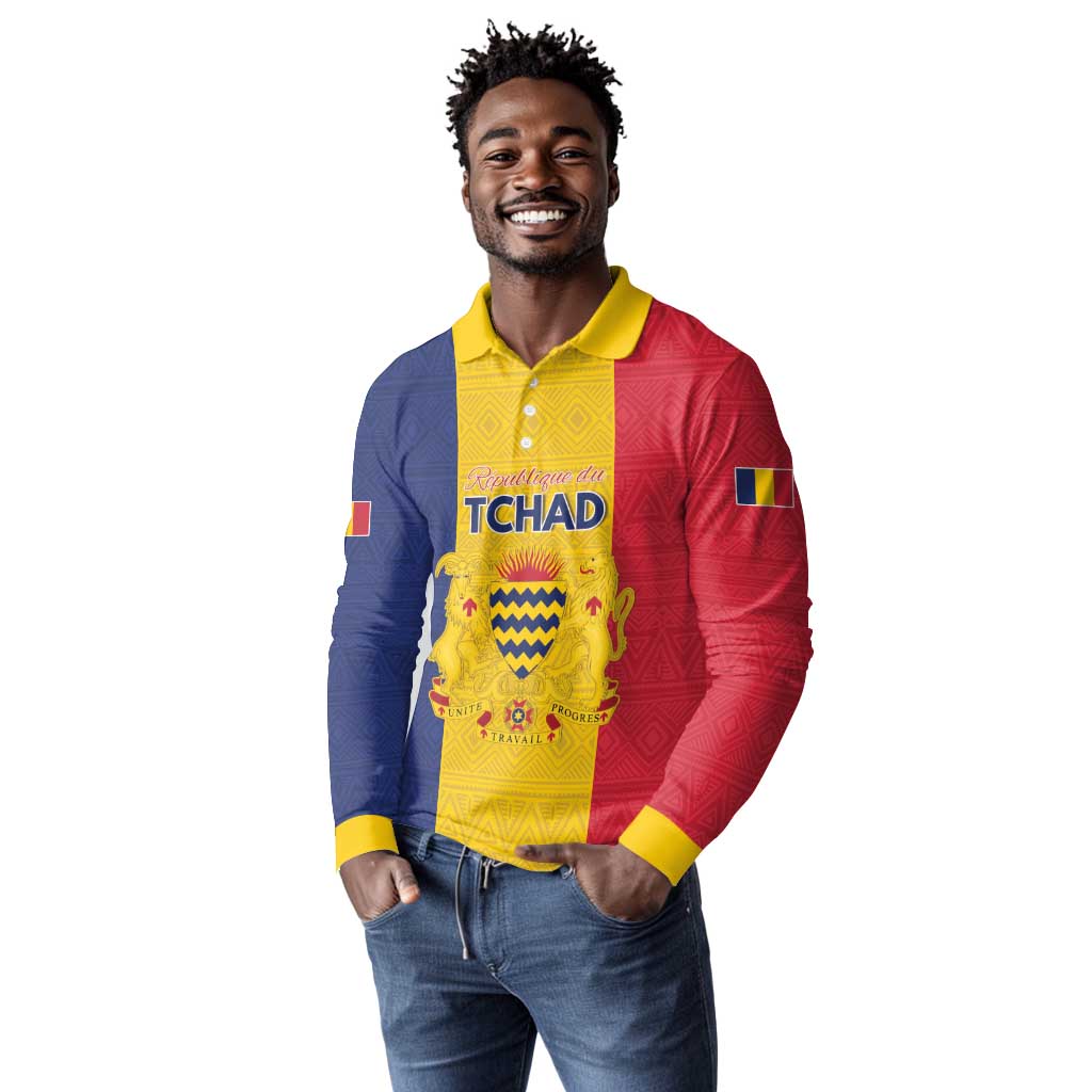 Personalized Chad Flag Style Long Sleeve Polo Shirt African Pattern - African Pride