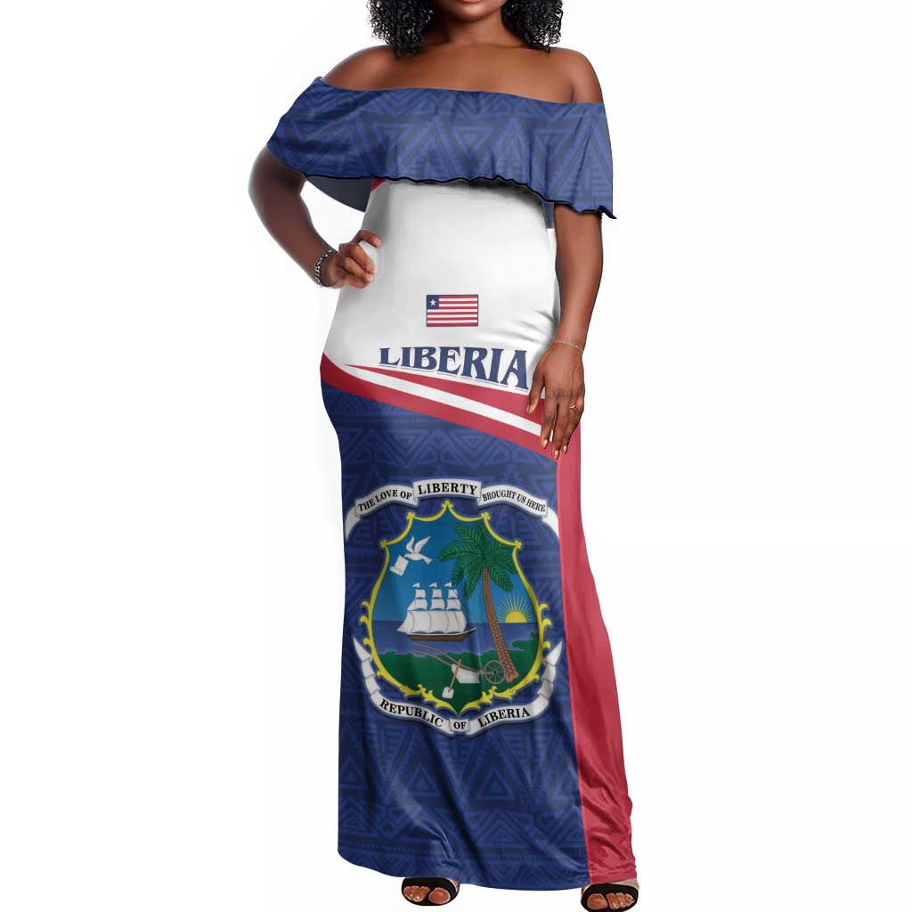 Personalised Liberia African Off Shoulder Maxi Dress Coat Of Arms Flag