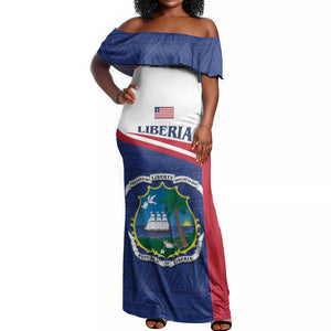 Personalised Liberia African Off Shoulder Maxi Dress Coat Of Arms Flag