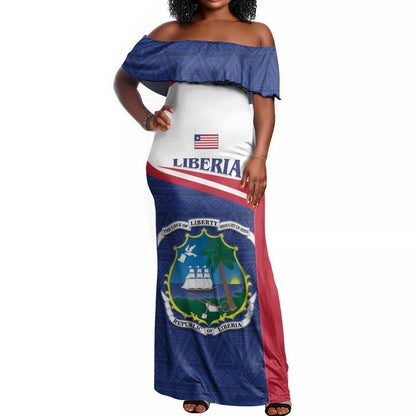 Personalised Liberia African Off Shoulder Maxi Dress Coat Of Arms Flag