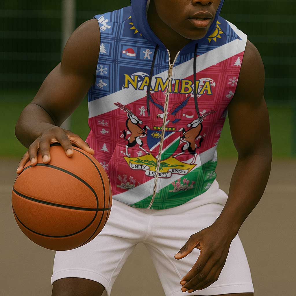 Afro Namibia Sleeveless Zip Hoodie Coat Of Arms Christmas Style - African Pride
